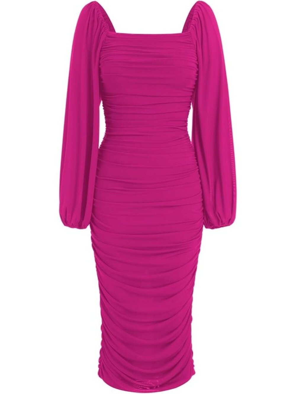 Fashion Womens Ruched Bodycon Mini Cocktail Dress Size M Puff Sleeve Hot Pink - Picture 3 of 14